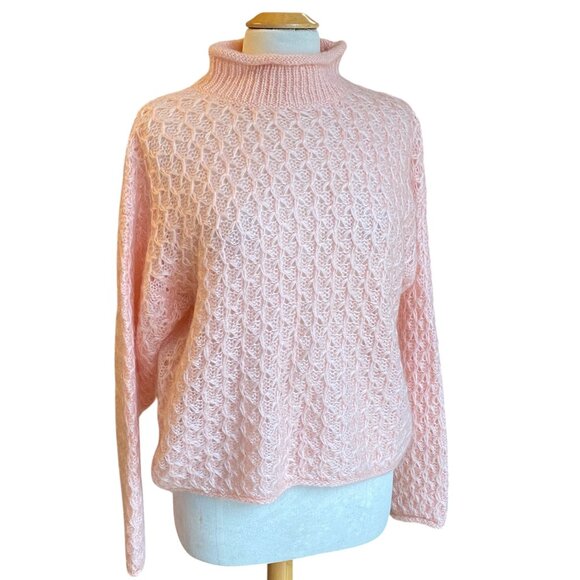 Vintage Roll Neck Mohair Cable Knit Sweater PInk Soft Girl Dainty Feminine-L - Picture 12 of 12